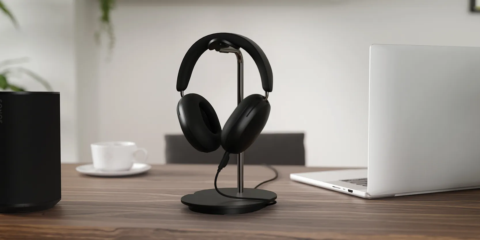 Lifestyle shot featuring WSHSH1 Headphone Stand in black