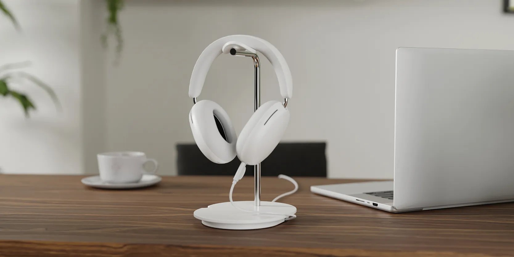 Lifestyle shot featuring WSHSH1 Headphone Stand in white